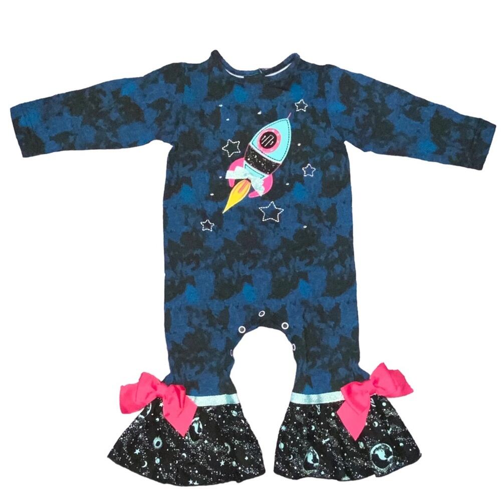 NWT 12m Ricrac & Ruffles Galaxy Print Rocket Ship Long Sleeve Boutique Romper